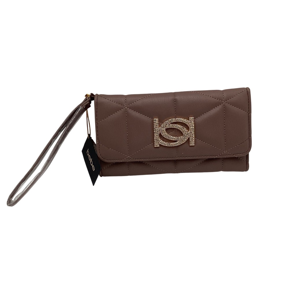 Bebe Zaza Bling Trifold Wallet Taupe Quilted Wristlet E10-4716D NEW